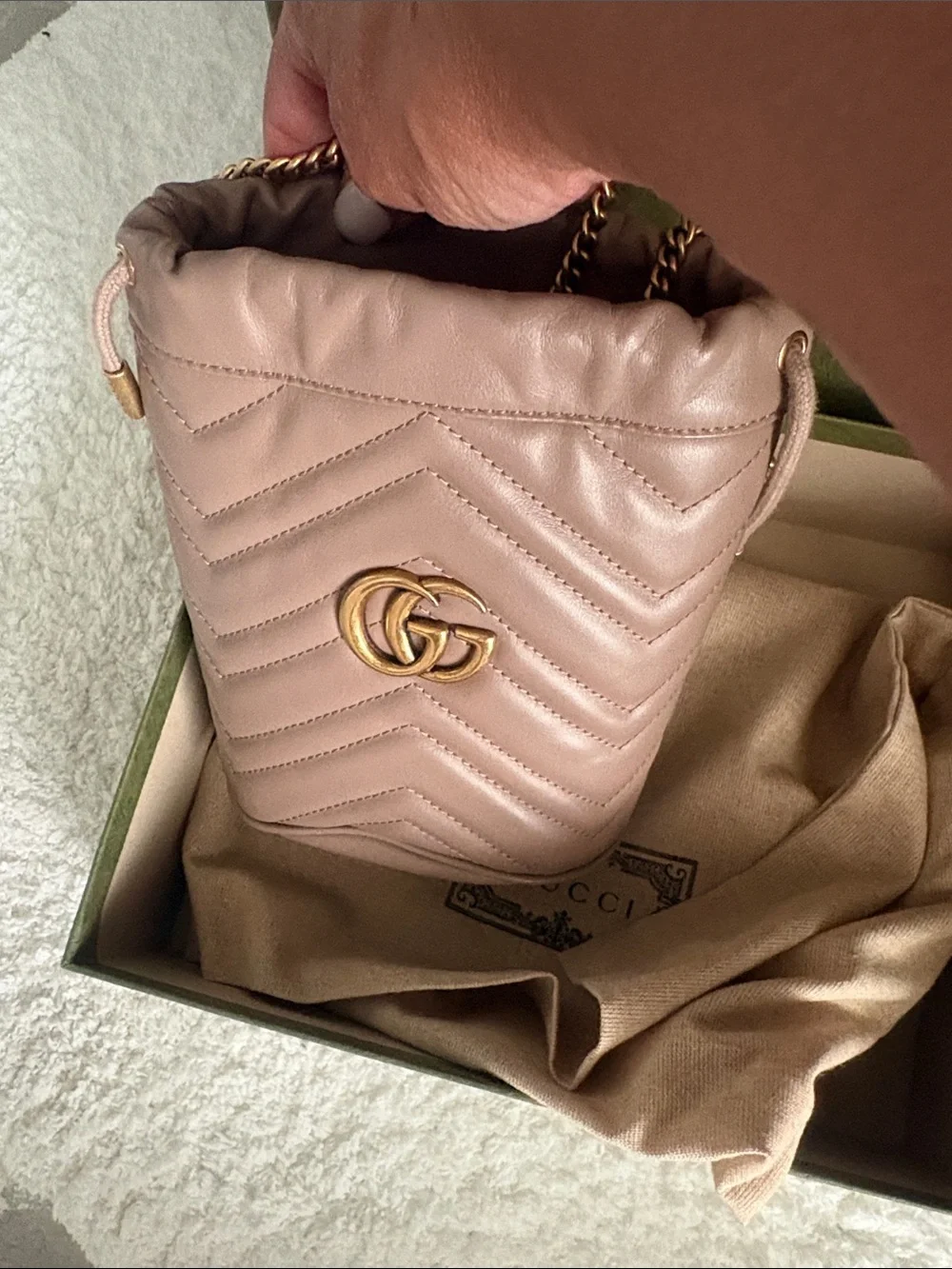 Gucci Blush Pink Chevron Quilted Mini Bucket Crossbody